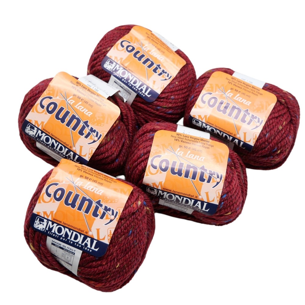 Mondial La Lana Country Yarn 5 Balls Merino Wool Tweed Red Color 808 Italy